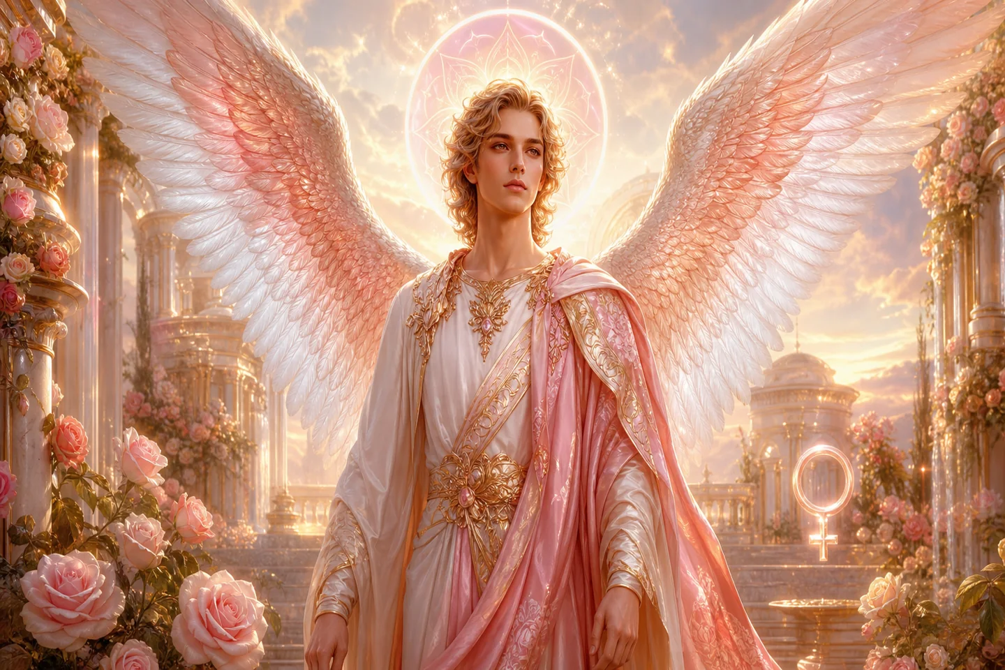 Arcángel Anael con alas blancas, luz rosa dorada y energía de amor y gracia