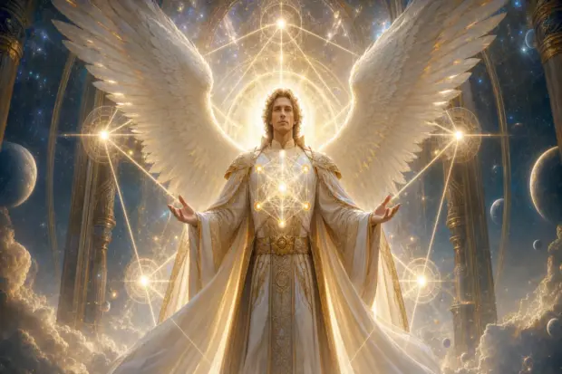 Arcángel Metatrón con alas luminosas y geometría sagrada en un cielo cósmico