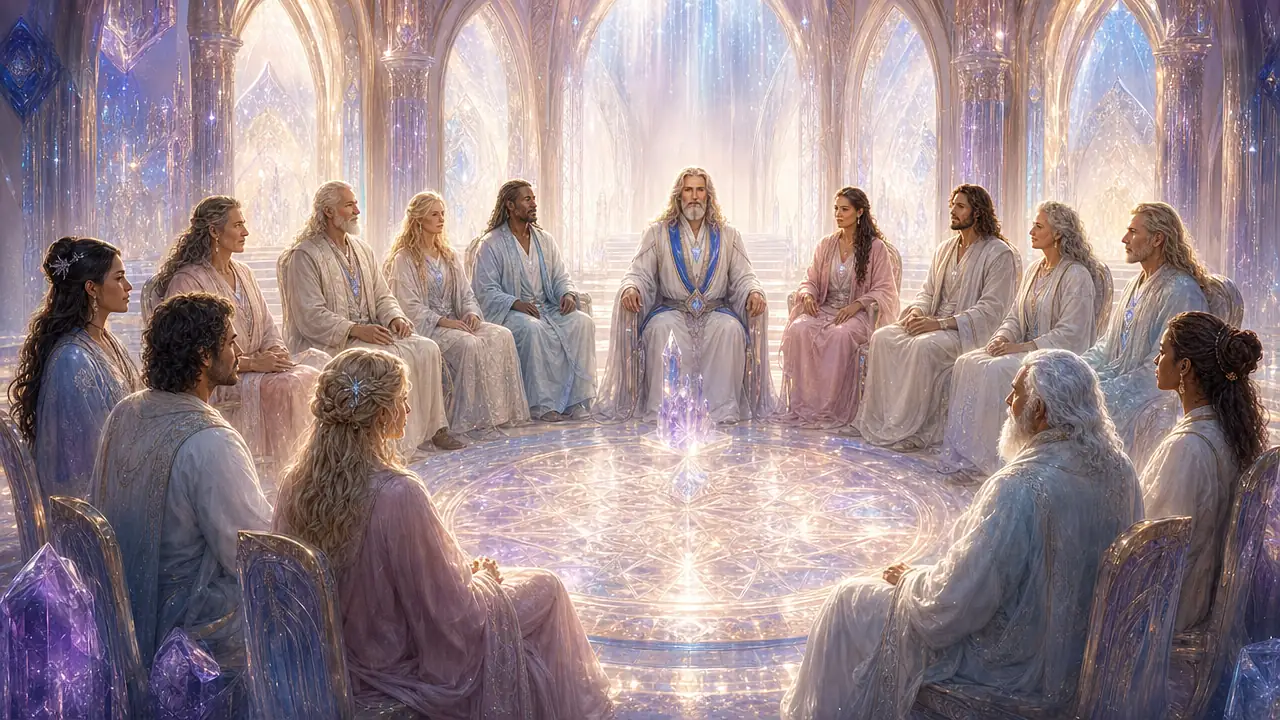 Adama preside en una sala circular de cristal el Consejo Lemuriano de Luz de Telos, formado por mujeres y hombres de distintas edades sentados en círculo sobre un suelo de geometría sagrada