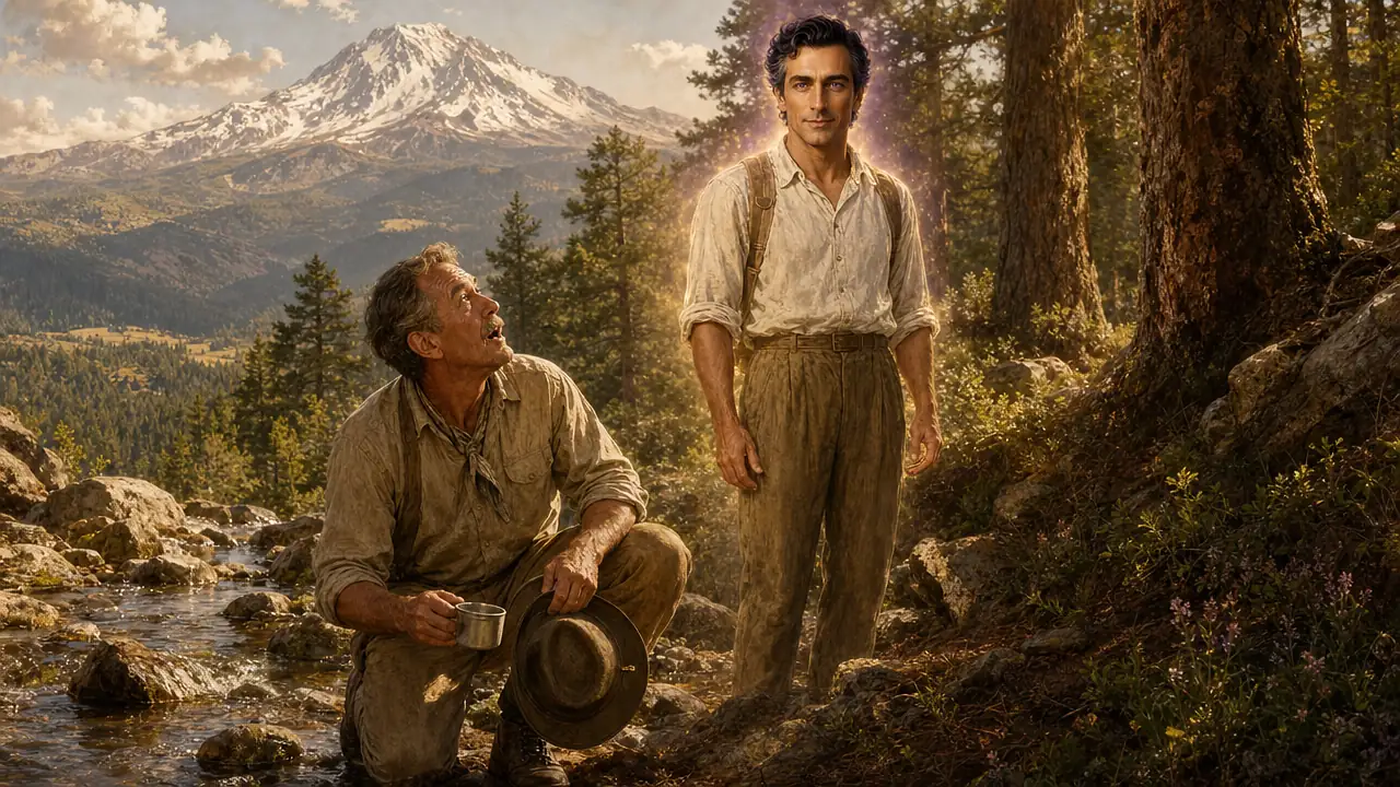 Un excursionista de los años treinta, arrodillado junto a un manantial del Monte Shasta con una taza en la mano, mira sorprendido a Saint Germain, que le sonríe entre los pinos
