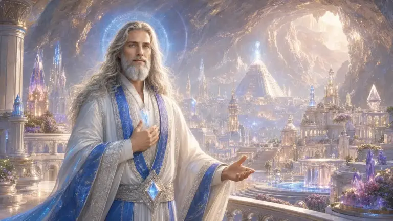 El Maestro Adama, de largo cabello plateado y barba blanca, con túnica blanca y estola azul bordada en plata, apoya una mano en el corazón en una terraza de Telos, la ciudad de luz bajo el Monte Shasta