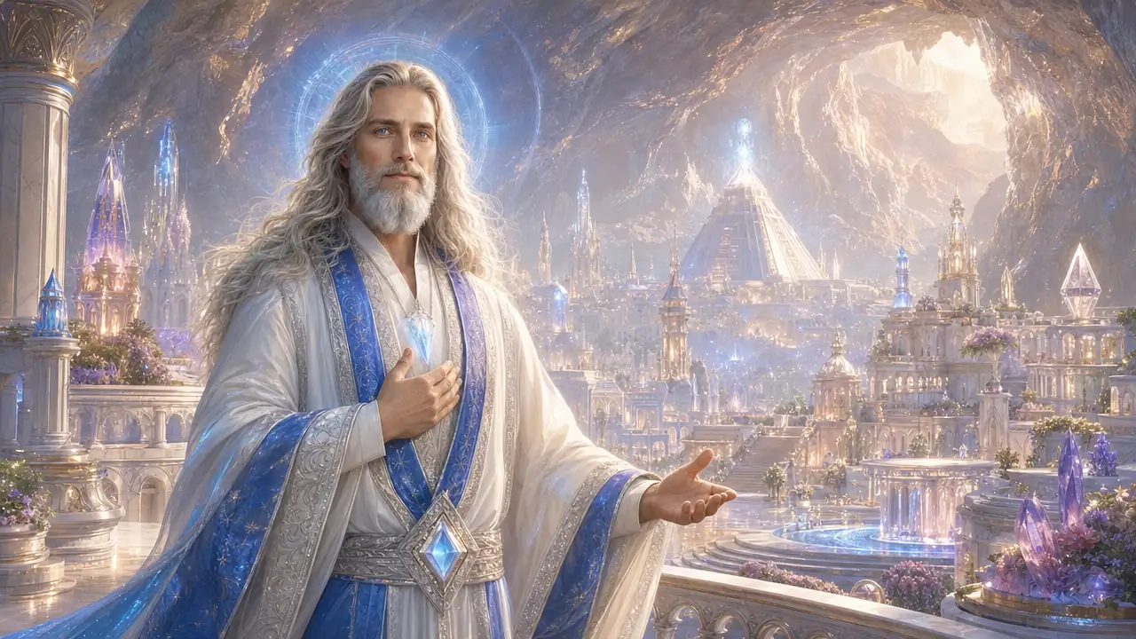 El Maestro Adama, de largo cabello plateado y barba blanca, con túnica blanca y estola azul bordada en plata, apoya una mano en el corazón en una terraza de Telos, la ciudad de luz bajo el Monte Shasta