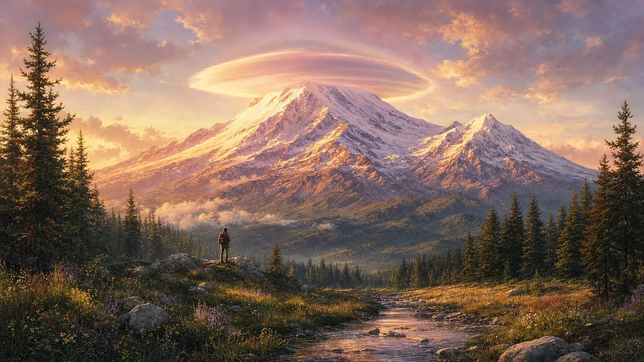 El Monte Shasta nevado al amanecer, con una nube lenticular sobre la cumbre, visto desde un prado con pinos y un arroyo donde un caminante contempla la montaña