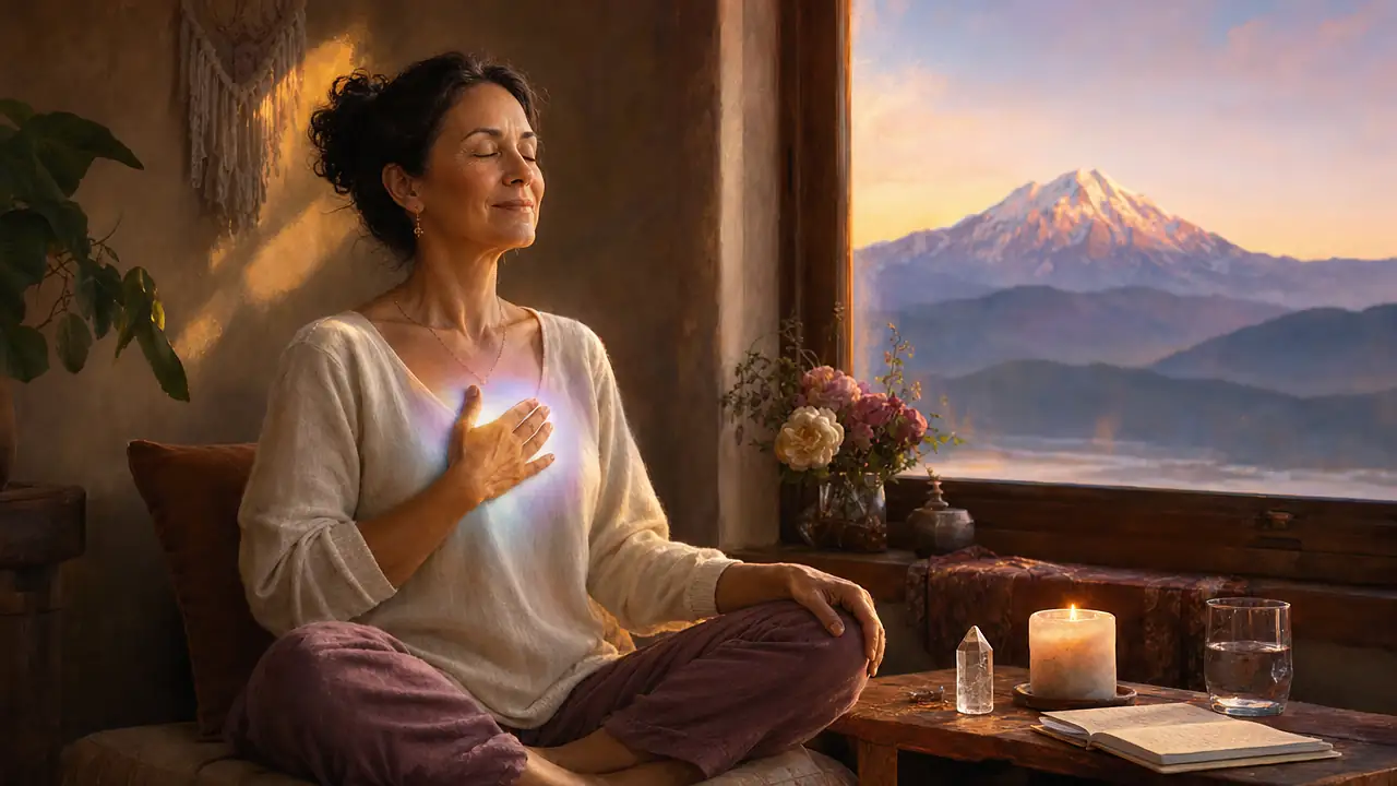 Una mujer medita al amanecer junto a una ventana con la mano sobre el corazón, una vela blanca y un cuarzo a su lado, y una montaña nevada en el horizonte