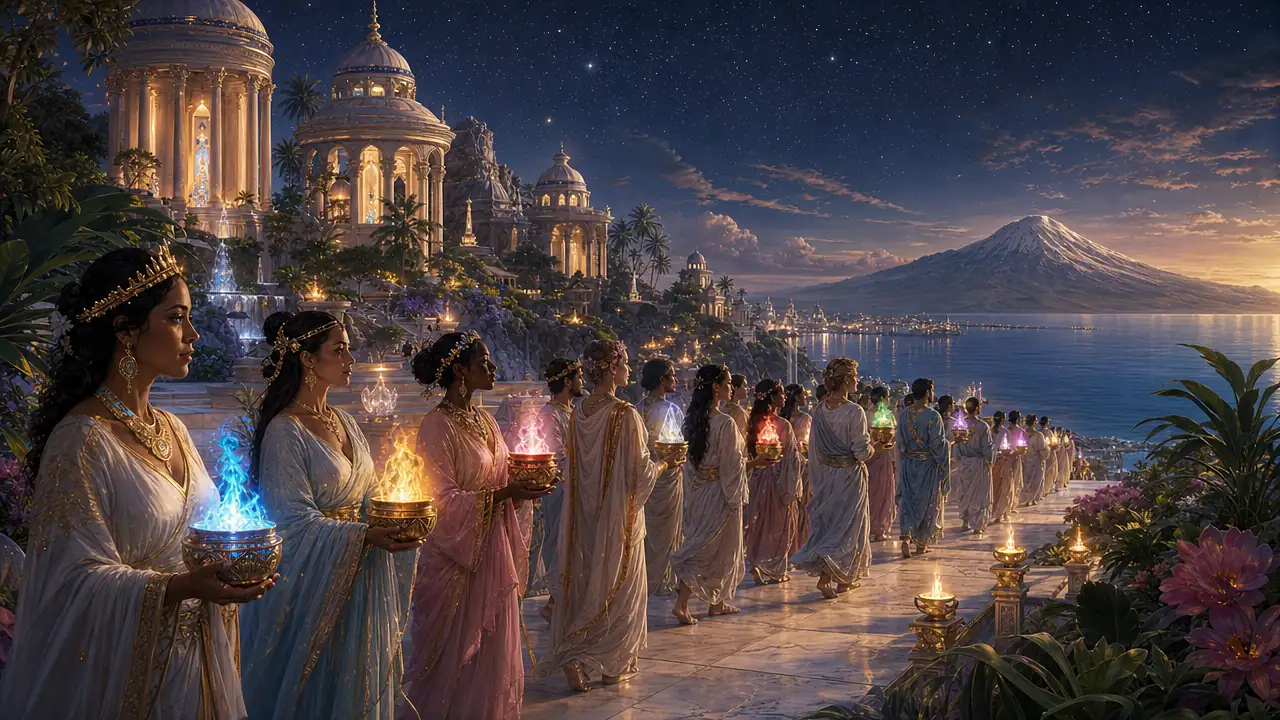 Una procesión de sacerdotes y sacerdotisas de Lemuria con túnicas claras lleva llamas de colores junto al océano, de noche, hacia una gran montaña nevada en el horizonte