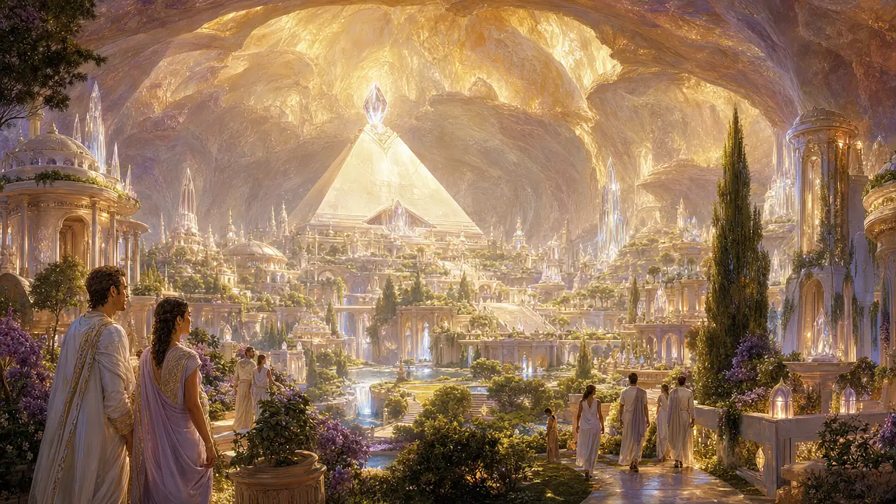 La ciudad de Telos en una inmensa caverna abovedada iluminada con luz dorada, con una pirámide blanca en el centro, edificios claros en terrazas, jardines y fuentes
