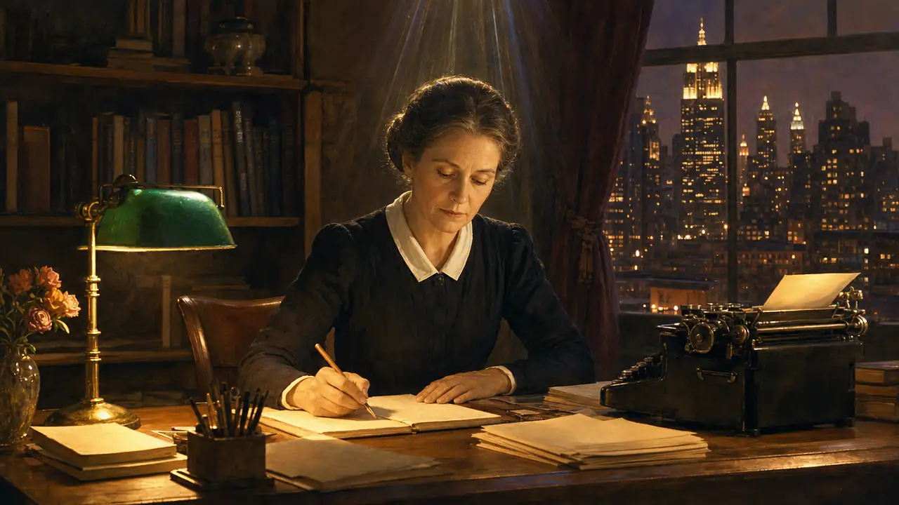 Alice A. Bailey escribe a lápiz en su escritorio de madera junto a una máquina de escribir y una lámpara verde, de noche, con los rascacielos de Nueva York iluminados tras la ventana