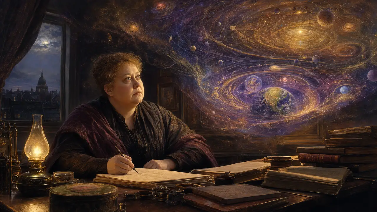 Helena Petrovna Blavatsky escribe de noche junto a una lámpara de aceite y alza la vista hacia una gran visión luminosa de galaxias, esferas y la Tierra