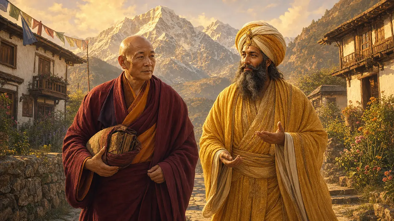 El Tibetano Djwhal Khul, con túnica granate y un fardo de manuscritos, camina conversando con el Maestro Kuthumi, de barba oscura y turbante dorado, entre dos casas blancas de una aldea del Himalaya