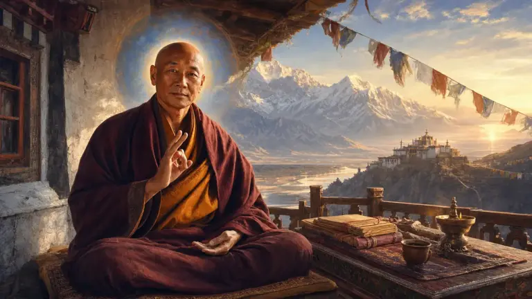El Maestro Djwhal Khul, tibetano de cabeza rapada y túnica granate y azafrán, sentado en el balcón de una casa blanca cerca de Shigatsé con la mano en gesto de enseñanza, manuscritos a su lado y las cumbres del Himalaya al amanecer