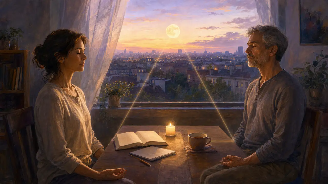 Una mujer y un hombre meditan con los ojos cerrados junto a una mesa con un libro abierto, un cuaderno y una vela, frente a una ventana por la que se pone la luna llena sobre la ciudad al amanecer