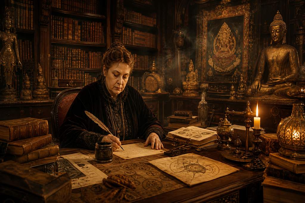 Sala de estudio de la Sociedad Teosófica con Helena Blavatsky escribiendo
