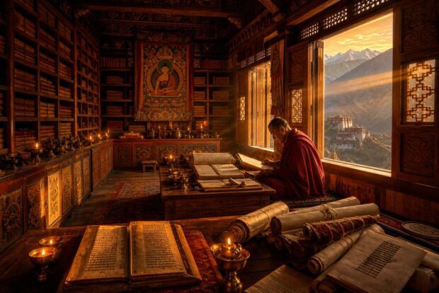 Templo tibetano en el Himalaya con biblioteca de manuscritos antiguos y luz dorada