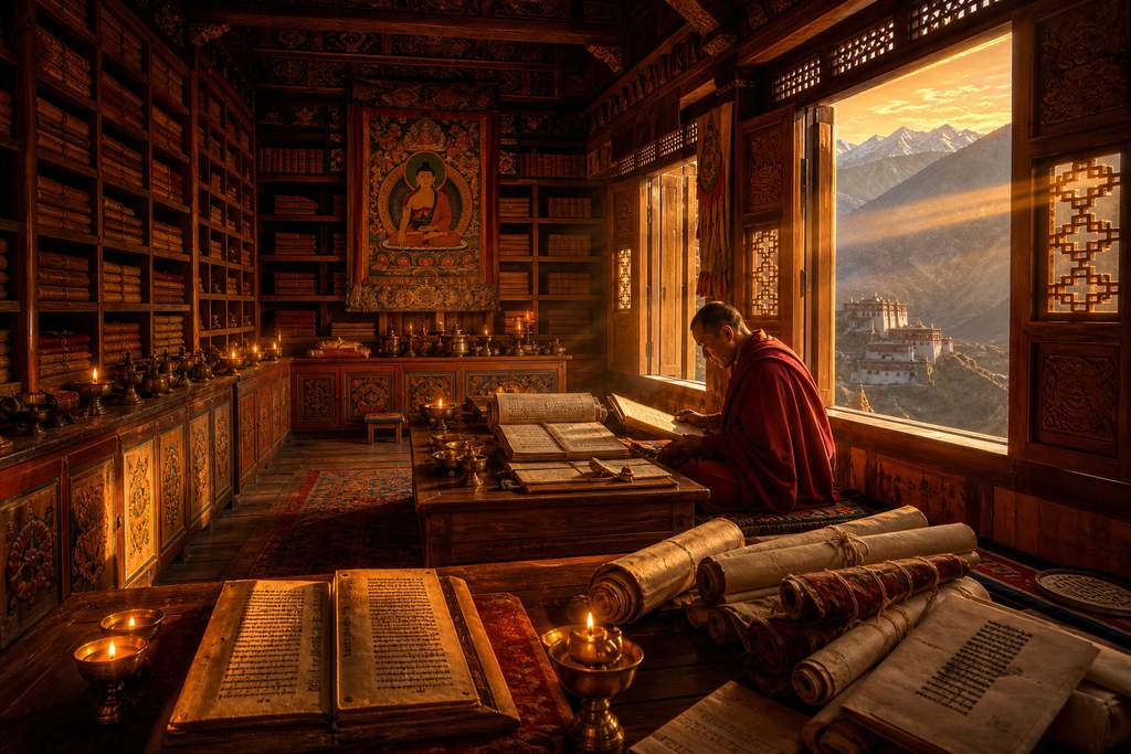 Templo tibetano en el Himalaya con biblioteca de manuscritos antiguos y luz dorada