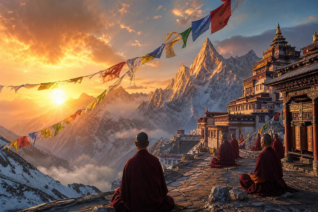 Templo budista tibetano en el Himalaya con monjes en meditación y banderas de oración