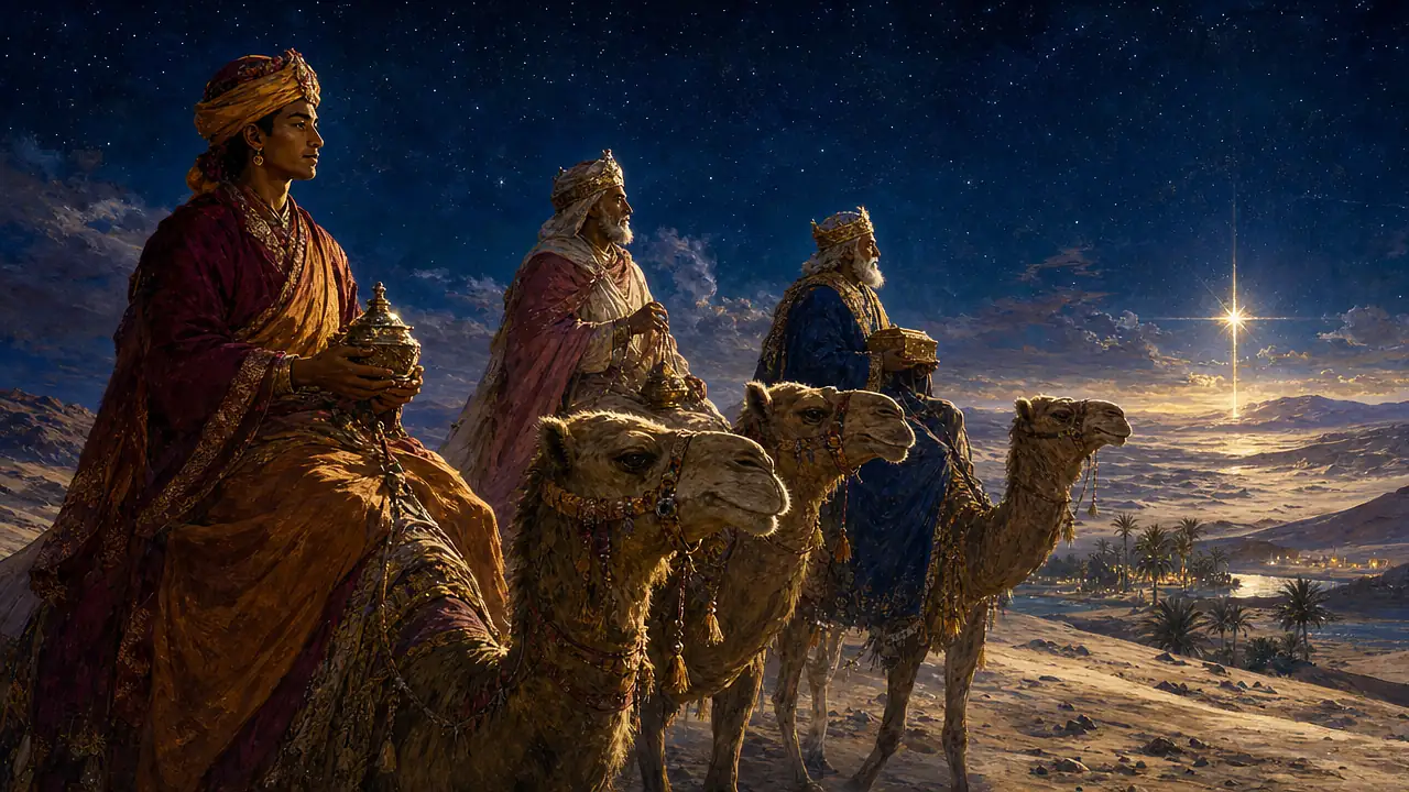 Los tres Reyes Magos cruzan el desierto de noche en camello siguiendo una estrella brillante; en primer plano, un rey joven de túnica granate y azafrán sostiene un vaso dorado