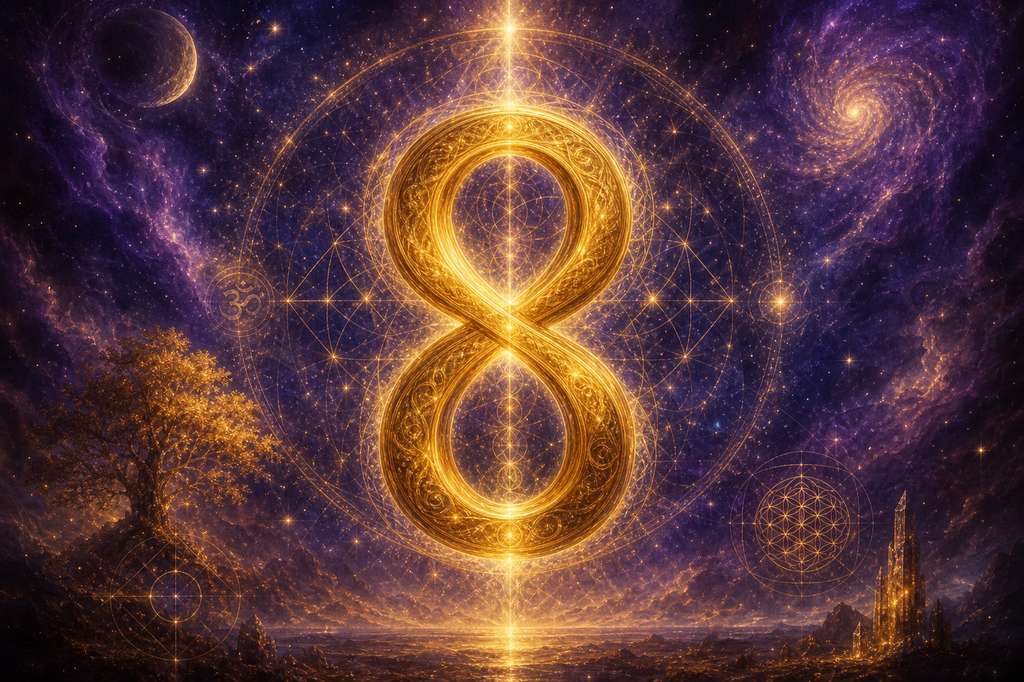 Número 8 dorado flotando en espacio cósmico como símbolo de infinito