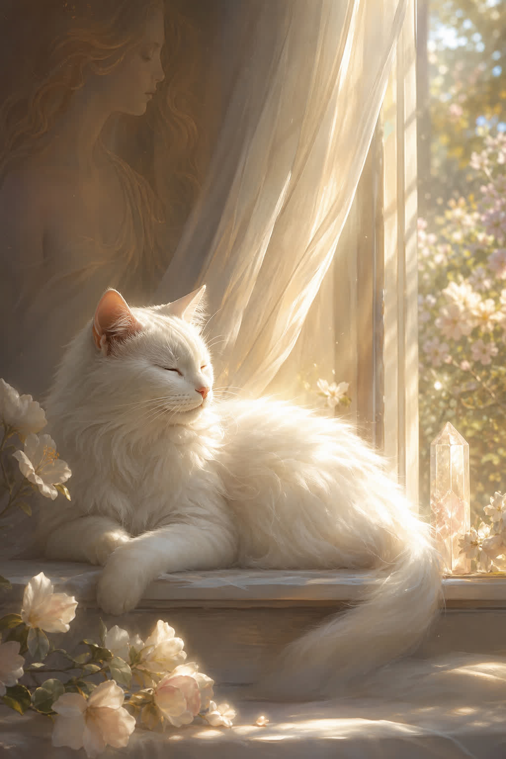 Soñar con gatos blancos - gato blanco descansando en una ventana con luz dorada, símbolo de pureza y protección espiritual