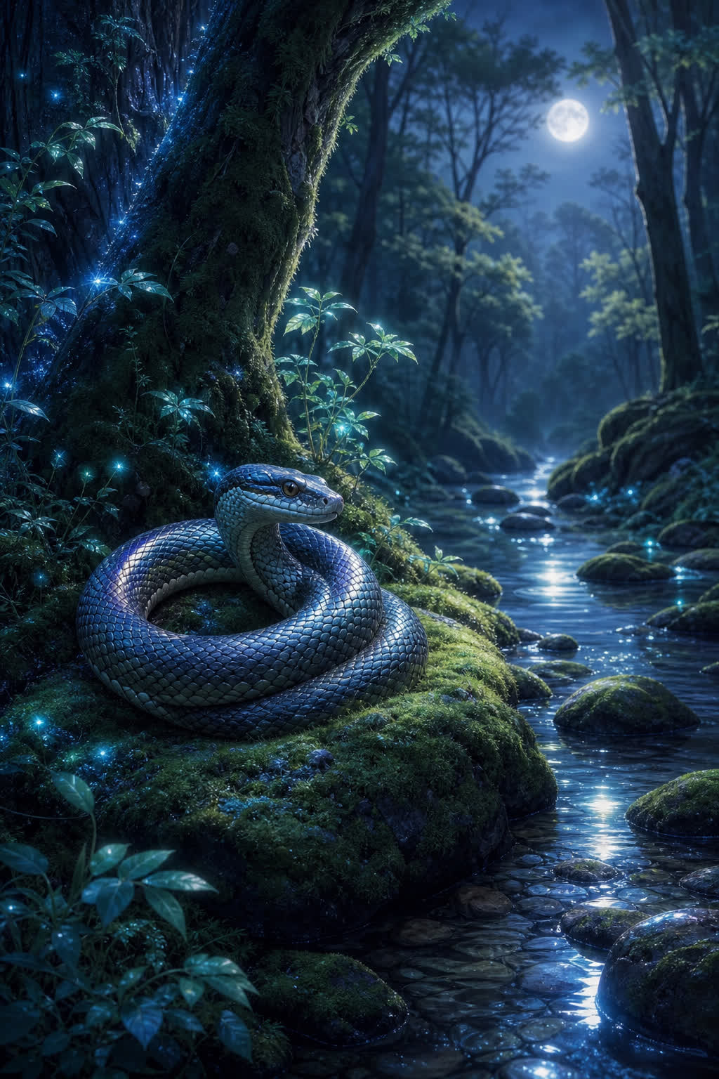 Soñar con serpientes - serpiente enrollada pacíficamente en un bosque iluminado por la luna, energía contenida y sabiduría
