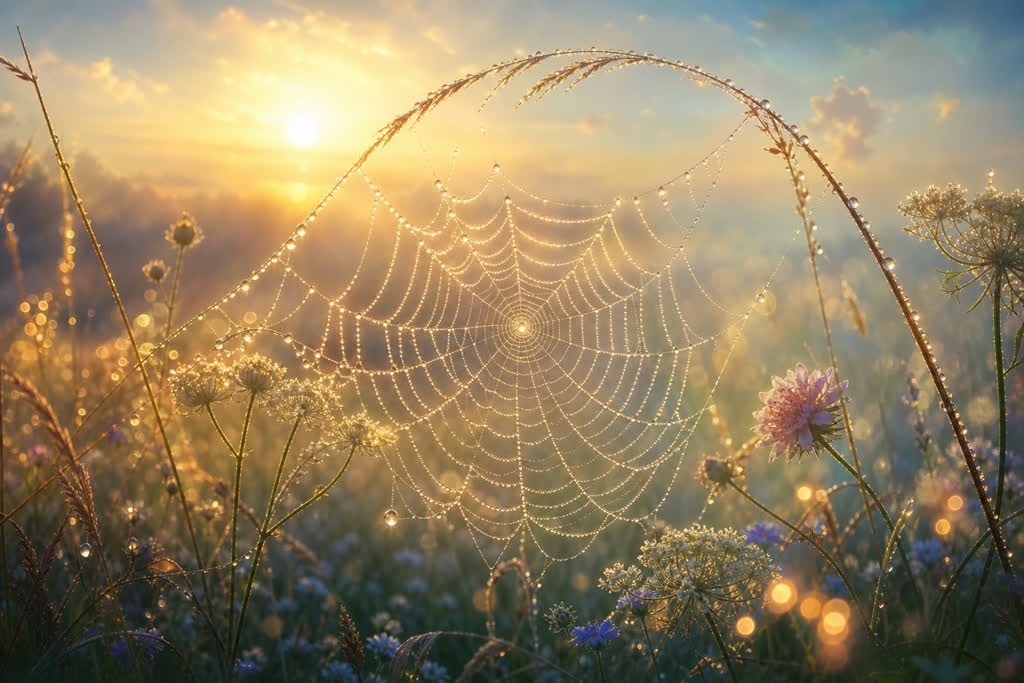 Soñar con arañas - telaraña con rocío bajo la luz dorada, símbolo de creatividad y paciencia