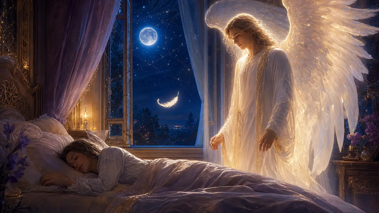 Un ángel de luz con grandes alas blancas vela junto a la ventana a una persona que duerme bajo la luna