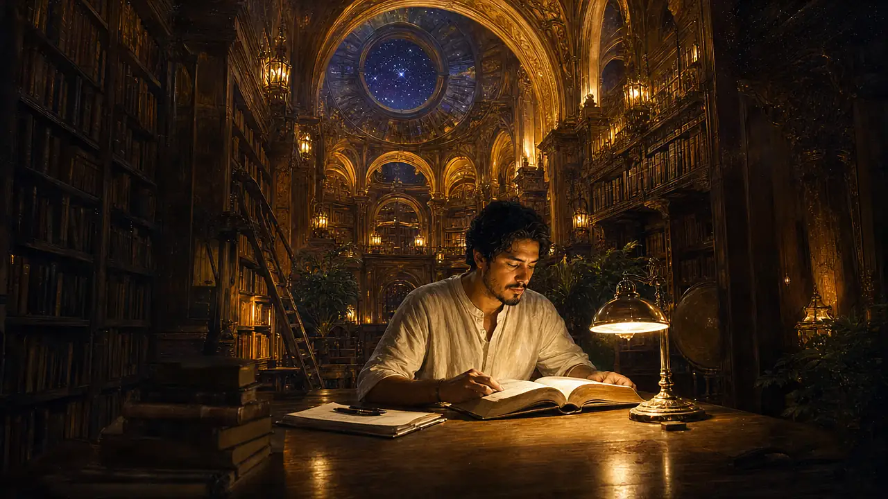 Un lector estudia un libro a la luz de una lámpara en una gran biblioteca de bóvedas doradas