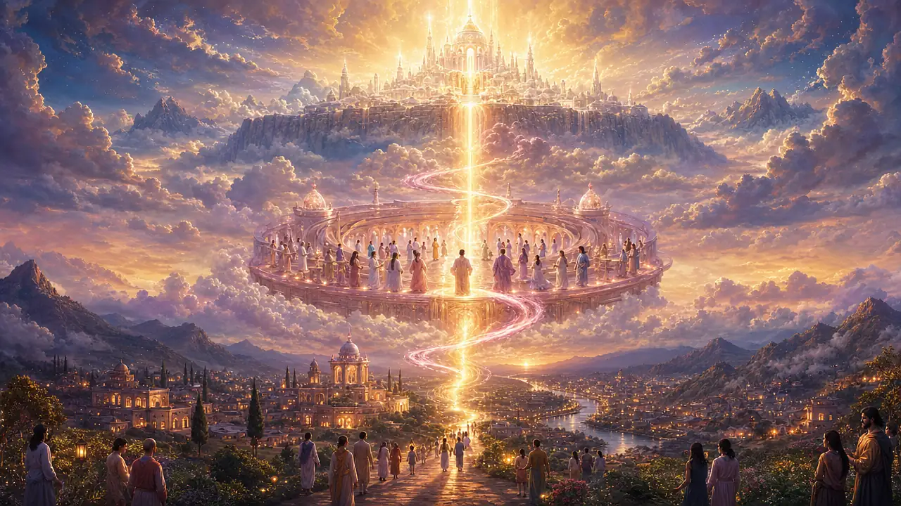 Una ciudad de luz sobre las nubes, un templo circular de figuras en servicio y un pueblo iluminado al atardecer unidos por un río de luz dorada