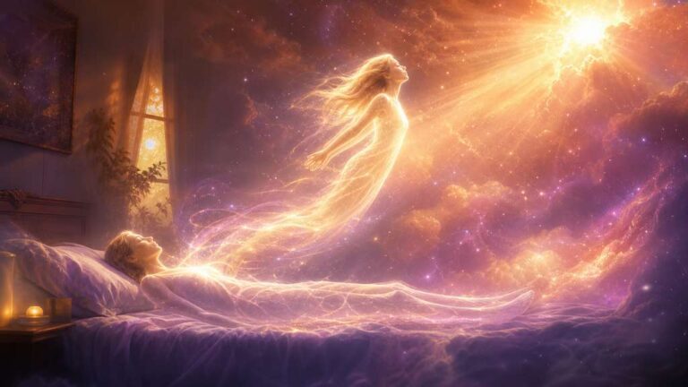 Persona dormida con silueta espiritual emergiendo, representando la parálisis del sueño