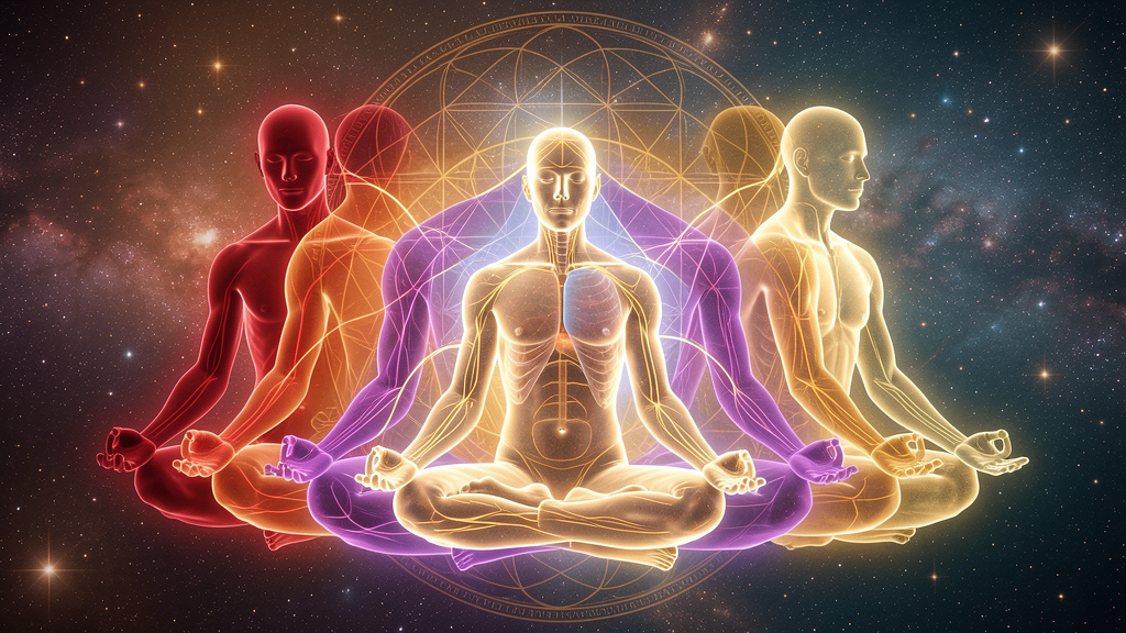 Los siete cuerpos energéticos del ser humano con capas translúcidas de colores desde rojo hasta violeta, figura meditando con geometría sagrada, aura luminosa