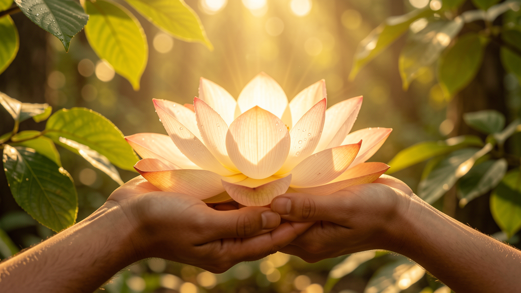 Manos sosteniendo una flor de loto luminosa, símbolo de mindfulness y paz interior, meditación