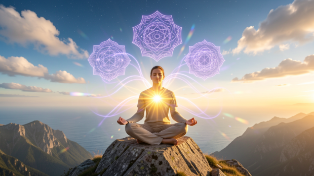 Persona meditando en posición de loto en una montaña con luz dorada y mandalas, meditación mindfulness