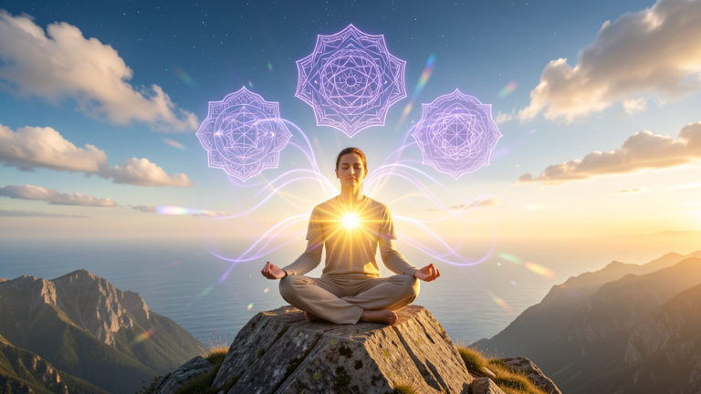 Persona meditando en posición de loto en una montaña con luz dorada y mandalas, meditación mindfulness