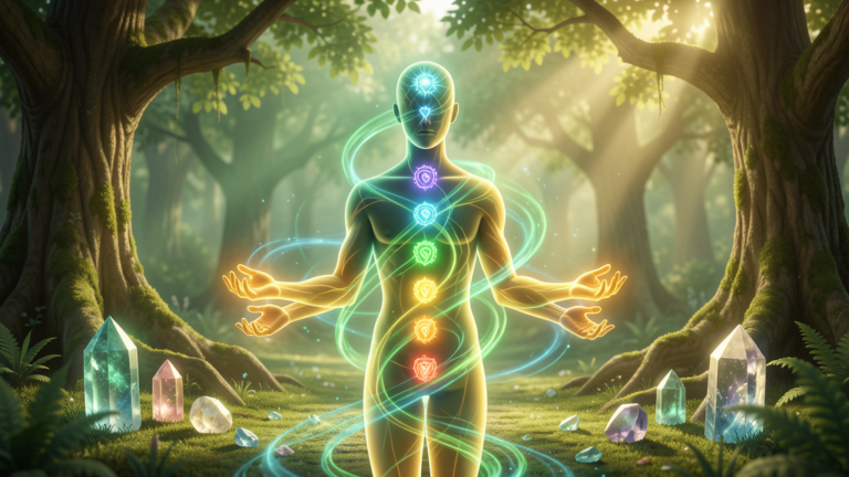 Sanación energética con luz verde esmeralda y azul, manos irradiando energía curativa dorada, chakras alineados, cristales de sanación, bosque sereno