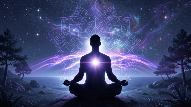 Persona meditando en posición de loto bajo un cielo estrellado con mandala luminoso, meditación guiada para principiantes