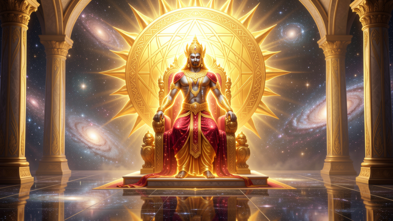 Sanat Kumara en su trono de Shamballa, el Señor del Mundo rodeado de luz oro-rubí y geometría sagrada