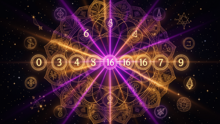 Mandala cósmico con números del 0 al 9 flotando en geometría sagrada, numerología espiritual, luz violeta y ámbar