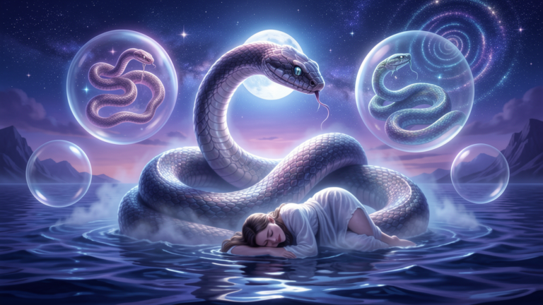 Persona flotando en un océano cósmico con una serpiente luminosa, soñar con serpientes significado espiritual