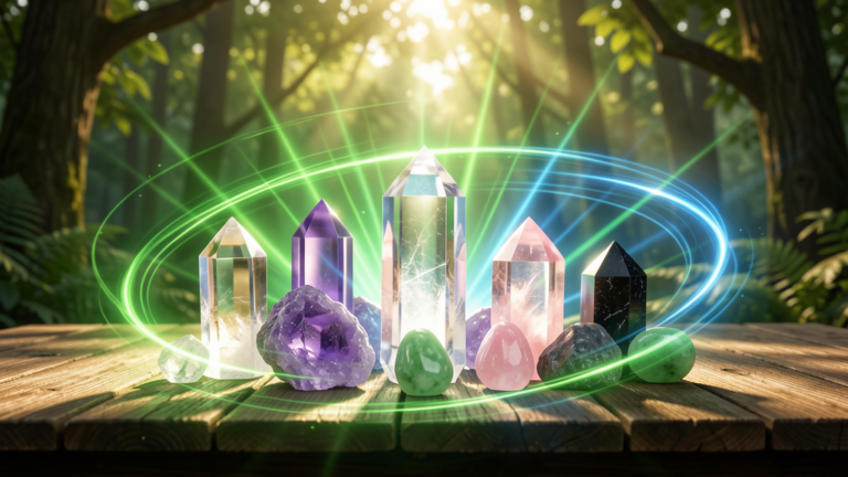 Colección de cristales de sanación: cuarzo, amatista, cuarzo rosa, jade y turmalina negra brillando en un bosque con luz natural