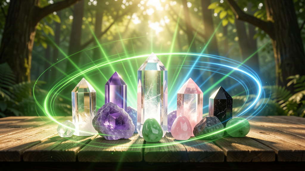 Colección de cristales de sanación: cuarzo, amatista, cuarzo rosa, jade y turmalina negra brillando en un bosque con luz natural