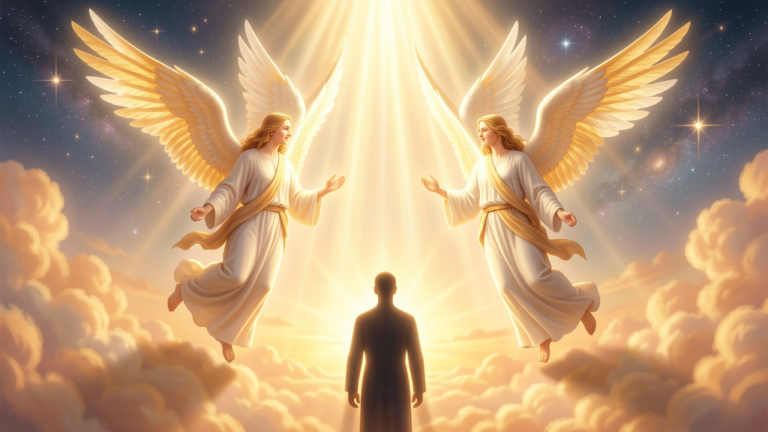 Angeles de la guarda protegiendo a una persona con alas luminosas y luz dorada, conexion espiritual angelical