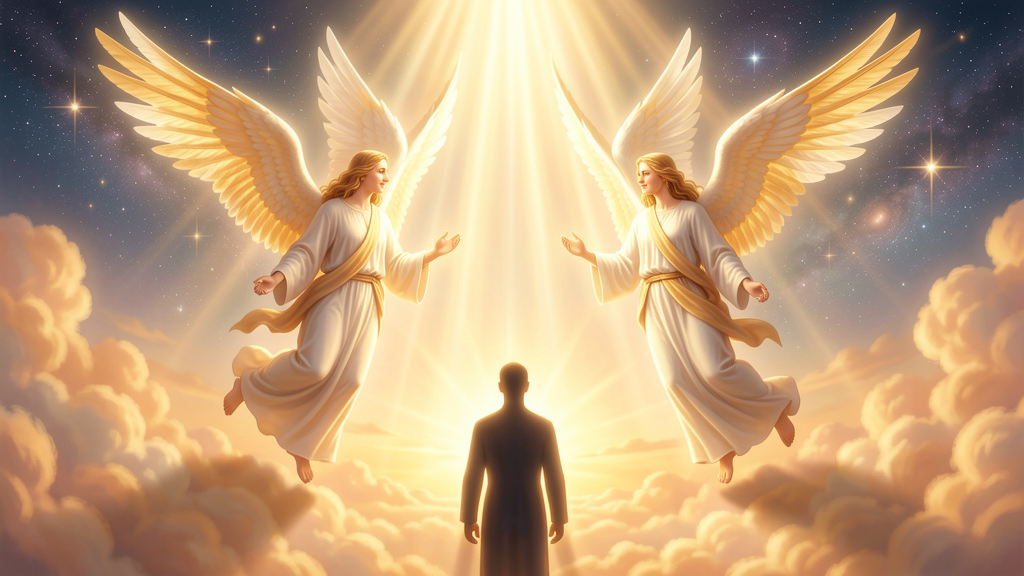 Angeles de la guarda protegiendo a una persona con alas luminosas y luz dorada, conexion espiritual angelical