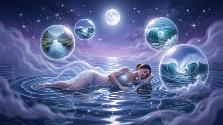 Mujer durmiendo sobre agua en un sueño surrealista, simbolizando el significado espiritual de soñar con agua, interpretación de sueños acuáticos