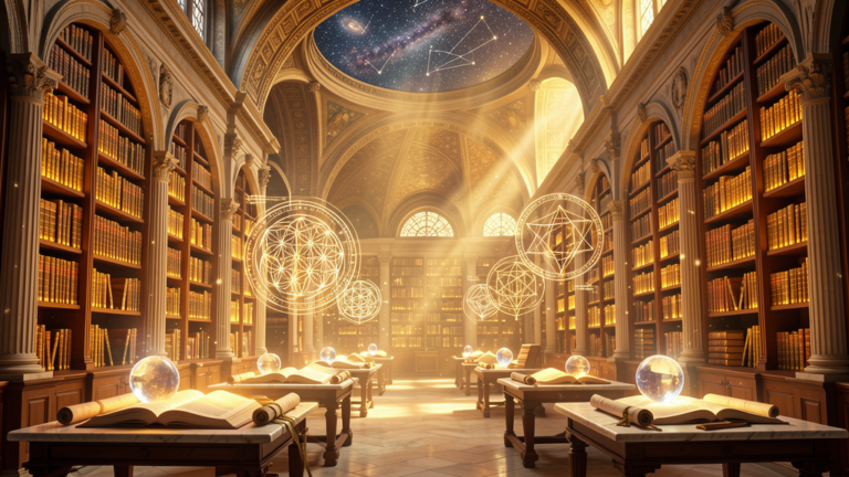 Biblioteca celestial con libros antiguos y geometría sagrada, recursos espirituales de la Hermandad Blanca