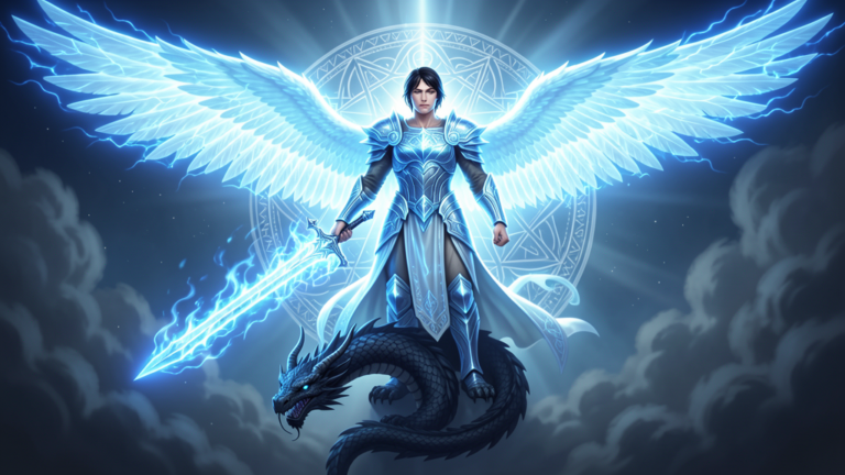 Arcángel Miguel con espada flamígera de luz azul, alas de energía lumínica, protección divina del Primer Rayo