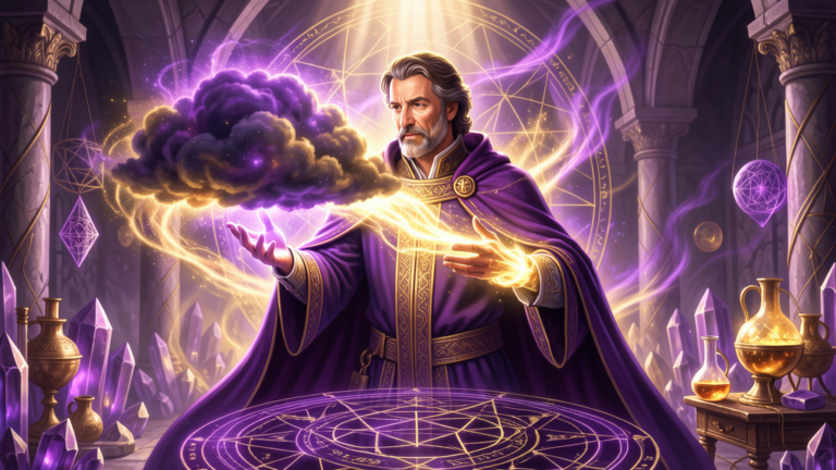 Saint Germain Maestro Ascendido canalizando la Llama Violeta de purificación espiritual en un templo alquímico