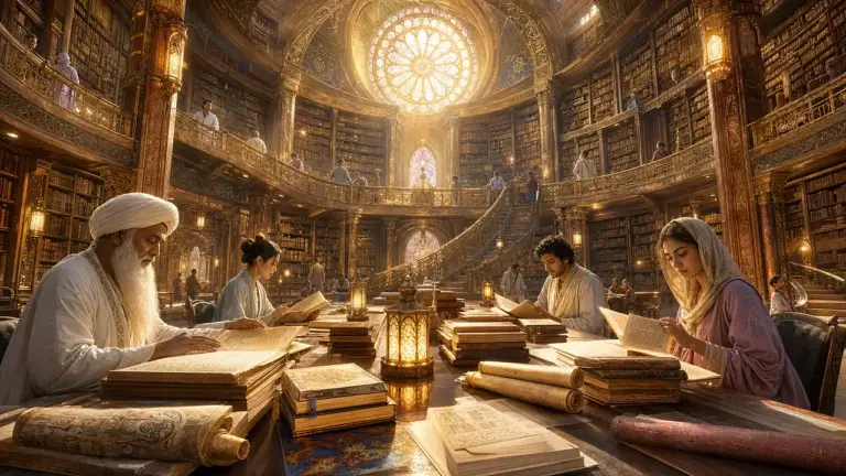 Gran sala de biblioteca con estanterías curvas bajo una cúpula dorada donde lectores de distintas edades estudian libros, pergaminos y manuscritos