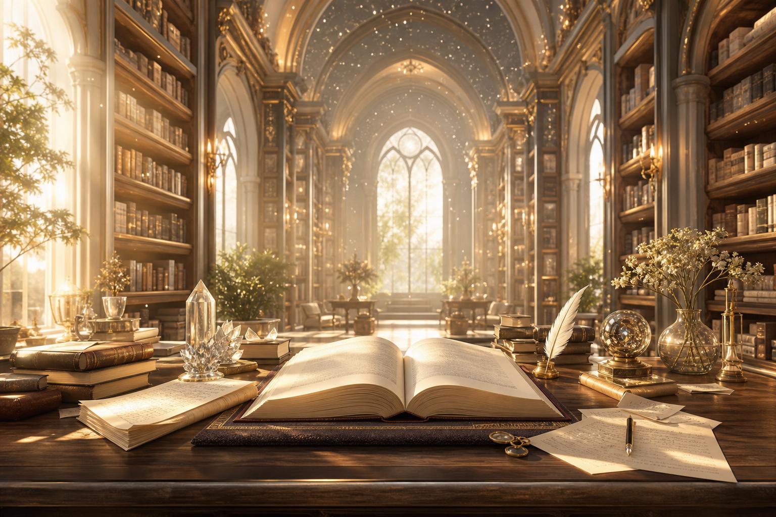 Mesa de estudio espiritual con libros abiertos y luz dorada en una biblioteca celestial