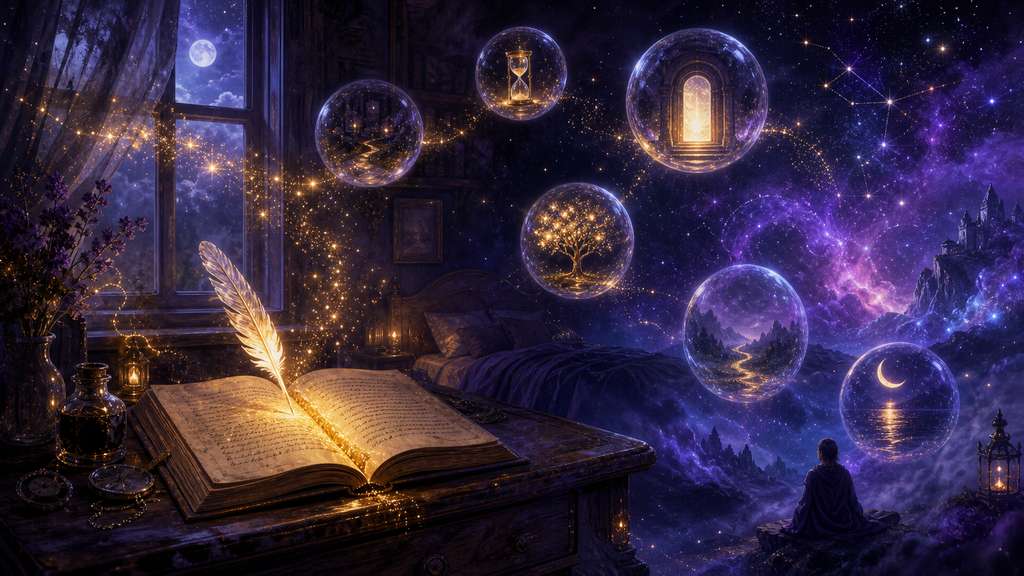 Libreta y pluma junto a la cama bajo la luz de la luna, simbolizando el registro de sueños
