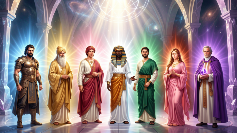 El Morya, Kuthumi, Pablo el Veneciano, Serapis Bey, Hilarión, Lady Nada y Saint Germain — los 7 Chohanes en el templo etérico de luz divina