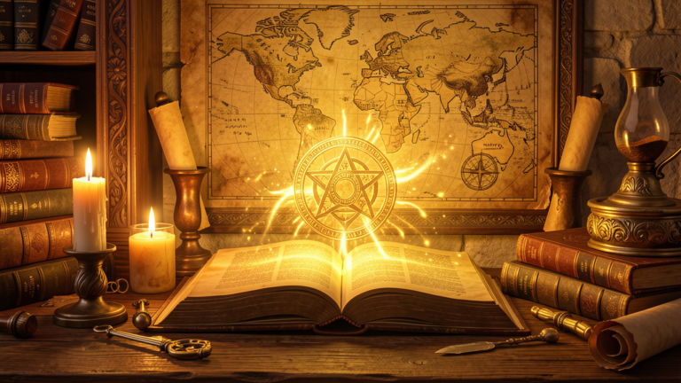 Sabiduría espiritual, libro antiguo con luz dorada, velas y mapa, conocimiento interior